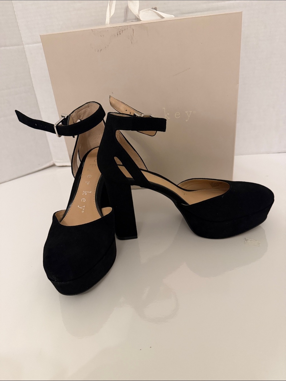 Copper Key Black Suede Ankle-Strap Platform Heels